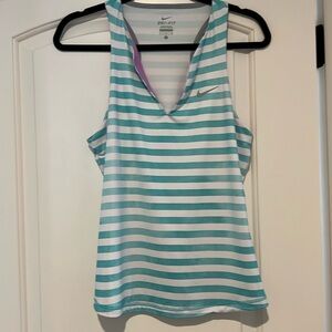 Nike Womens M Black White Striped Tank Top Dri-Fit Racerback V-Neck Lined Front